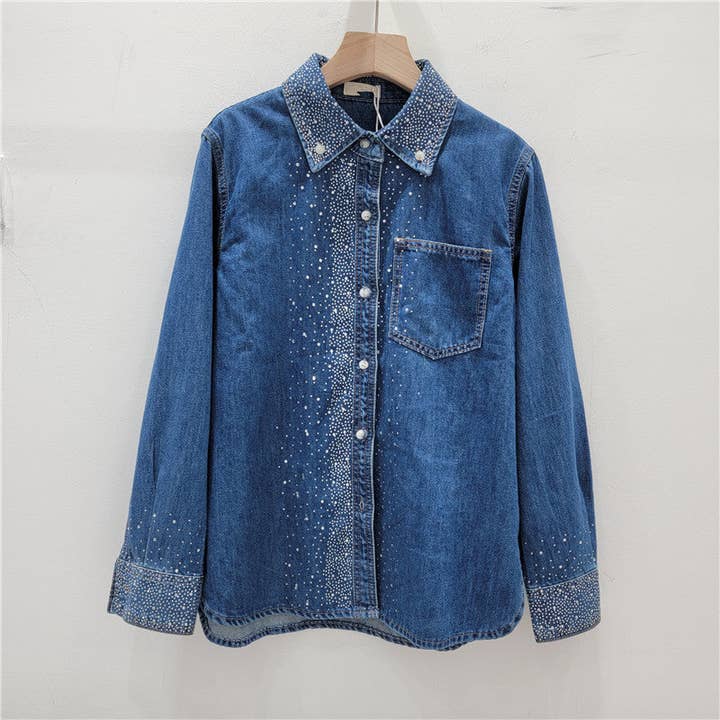 Sanyao Fashion - Wholesale Buttoned-down shirt – Women's - M284 Distressed Light Denim Shirt with Rhinestone Detail5