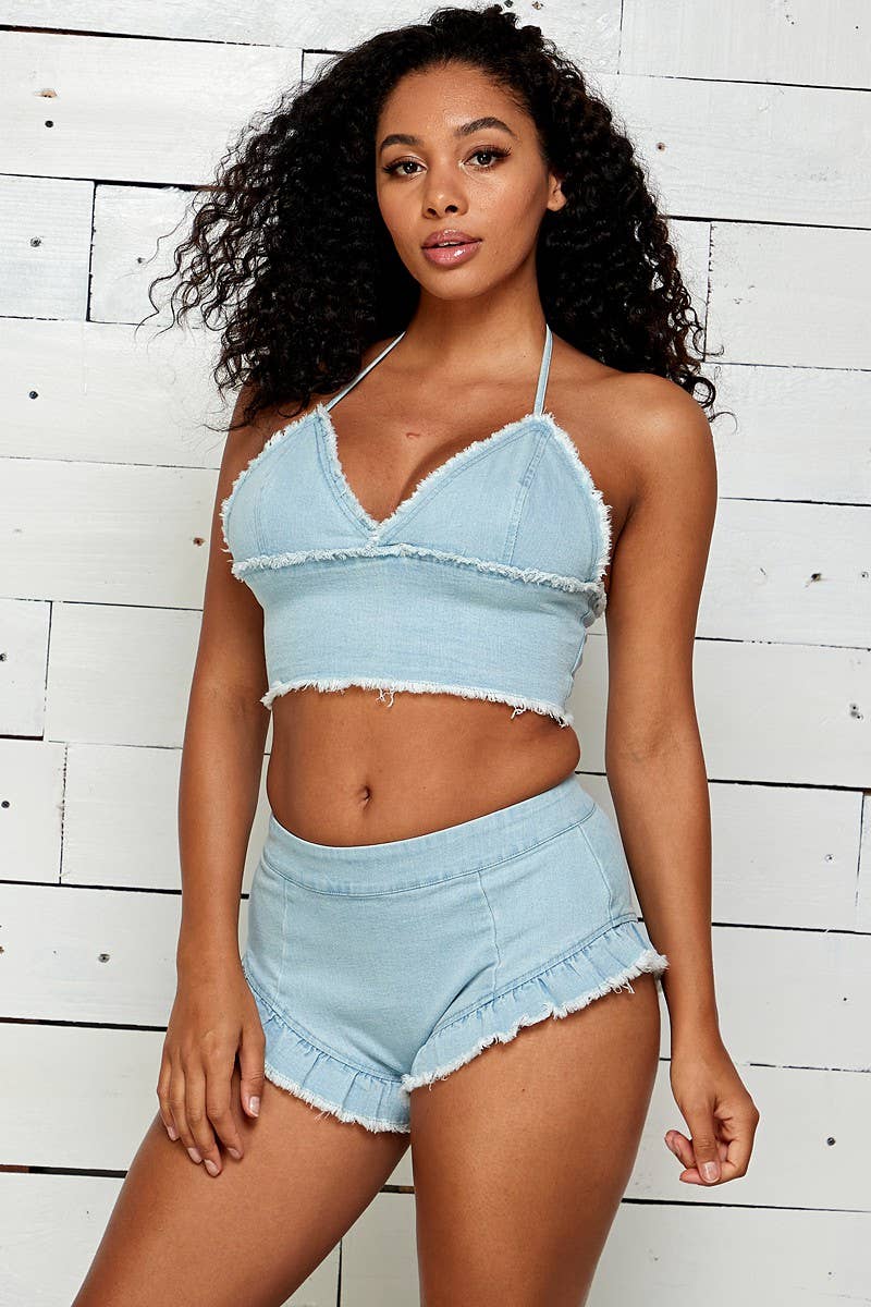 SEXY DENIM RUFFLED SHORTS WITH DENIM BRA TOP for wholesale on Faire