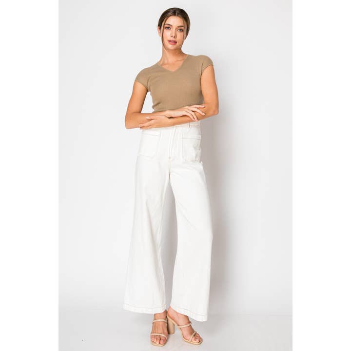 INA - Venta al por mayor Blusa - Mujer - Top de punto acanalado con mangas cortas y cuello en V18