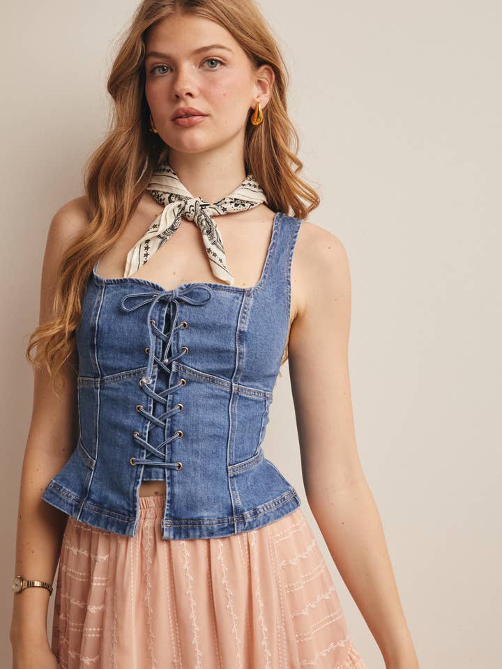Lace-Up Denim Corset Top FT0027 for wholesale by Forte