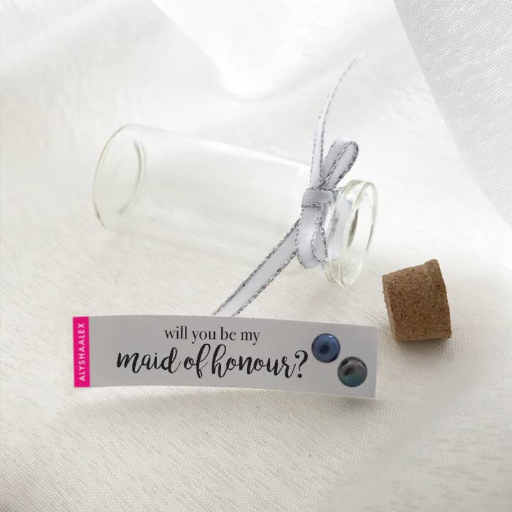 WILL YOU BE MY MAID OF HONOUR - MESSAGE IN A BOTTLE STUDS for wholesale by ALYSHAALEX