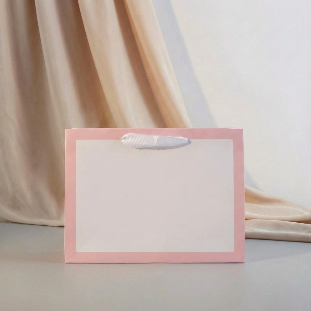 ByHome - Vendita all'ingrosso Buste regalo - 24 pezzi, Borsa regalo bianca con soffietto e bordo rosa pastello con carta velina2