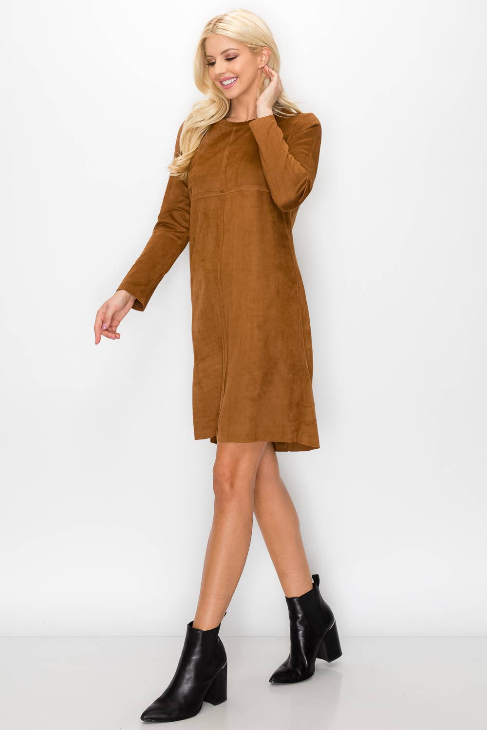 Joh Apparel – wholesale Klänning - Dam – Aurora Stretch Suede Rund-Neck klänning med fickor17