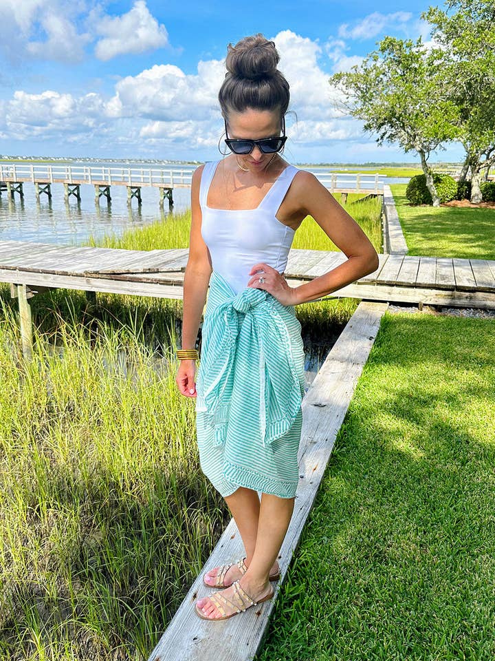 Christina Dickson Home - Wholesale Swim Cover Up - Women's - Positano Stripe Pareo in Sea Green2