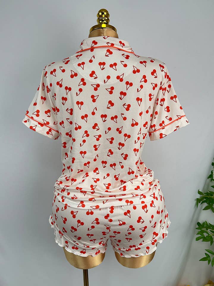 Beige Cherry Print Short Sleeve Two-Piece Summer Pajama Set for wholesale on Faire2