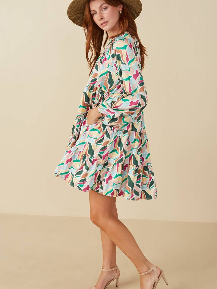 Magenta Mix Womens Abstract Floral Tiered Ruffle Neck Satin Dress for wholesale on Faire3