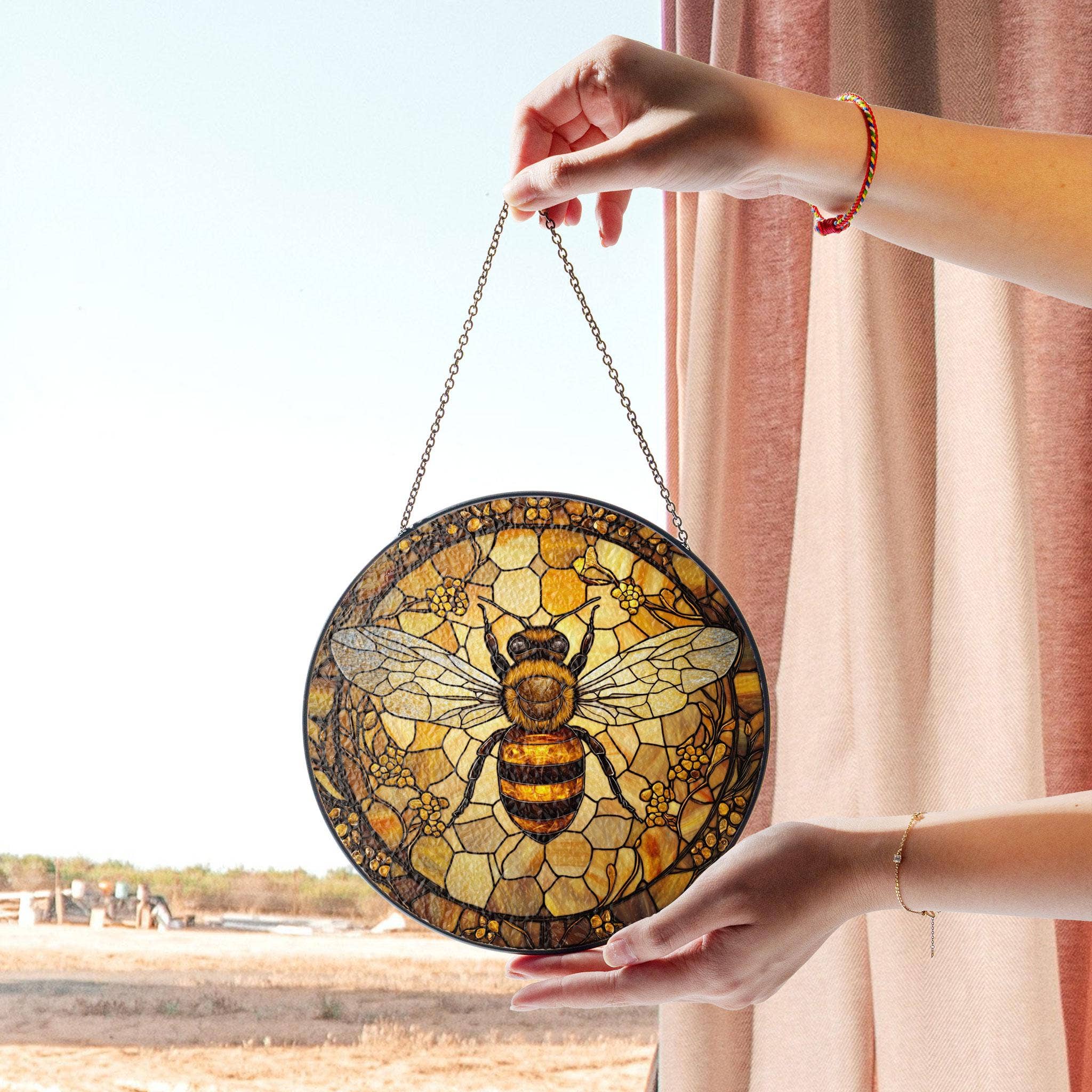 TMLECOM LTD – wholesale Suncatcher – Bee Stained Glass Suncatcher, Honeycomb Window Art1