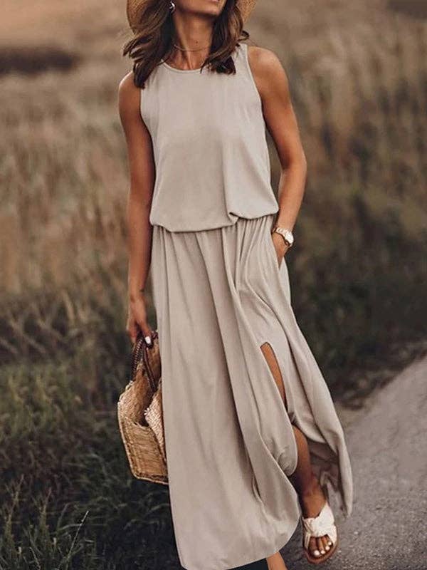 Sheer Trend - Wholesale Dress - Women's - Simple Casual Solid Color Split-Side Sleeveless Midi Dress