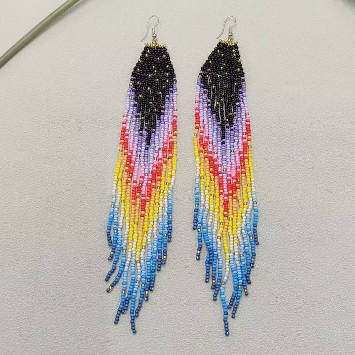 Mio Queena - Wholesale Tassel Earrings - Long Bohemian Rainbow Seed Beads Fringe Earrings - BJ/SB