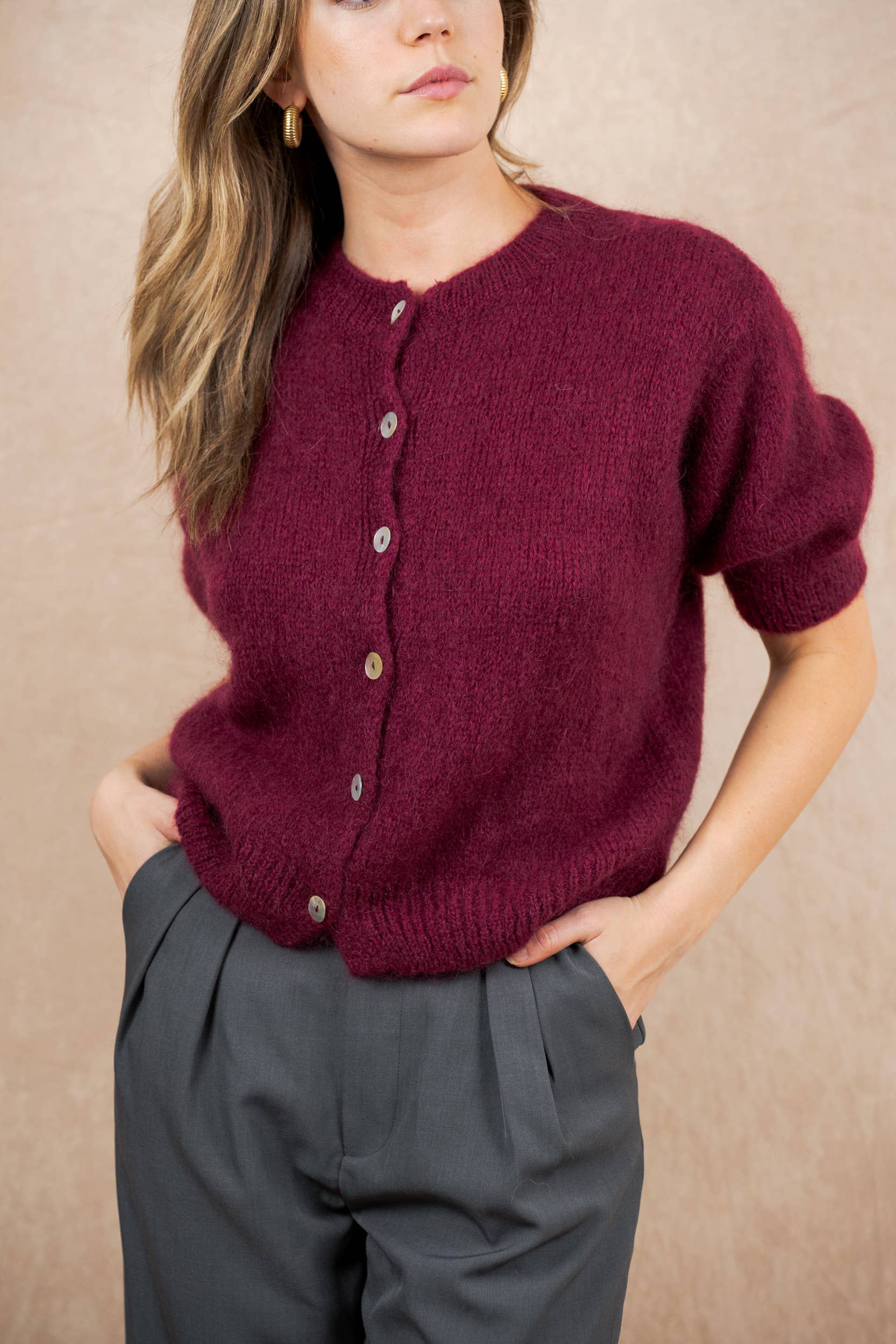 NAÏS PARIS - Wholesale Cardigan - Women's - Round neck buttoned cardigan with short sleeves in mohair and wool6