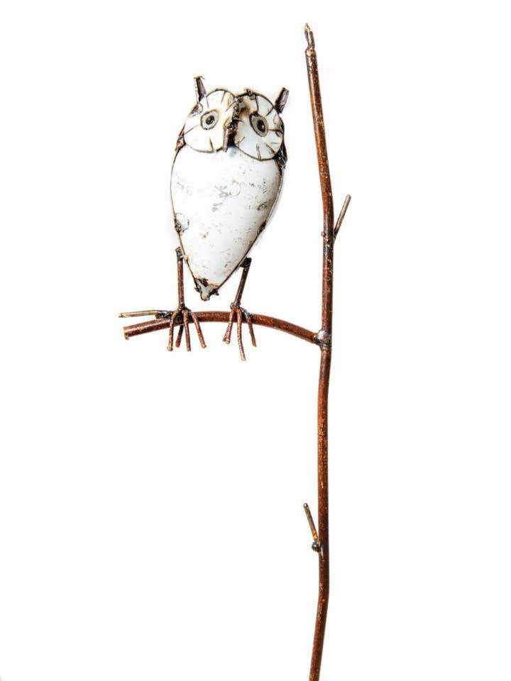 Metal White Owl on Stick for wholesale by Zimba-Arts