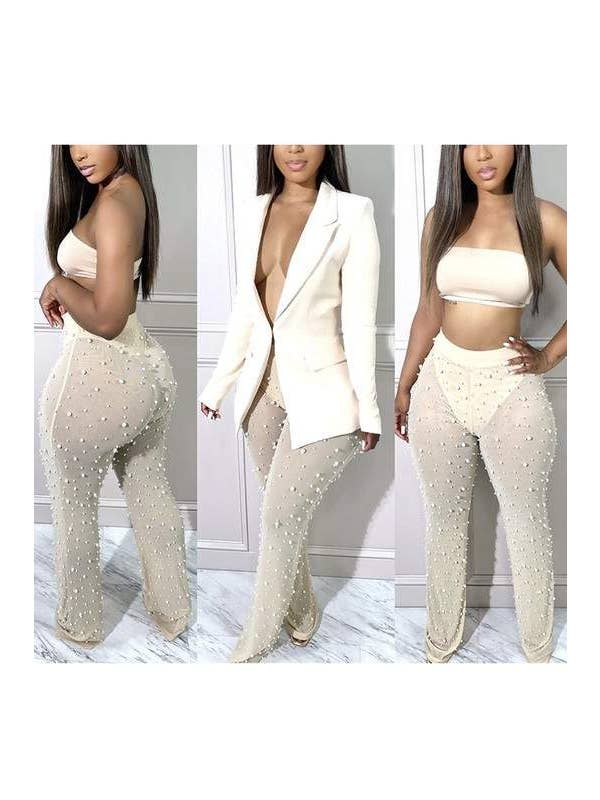 Queen Fashion - Wholesale Top & Skirt Set - Women's - fashion-forward white blazer with sheer trousers8
