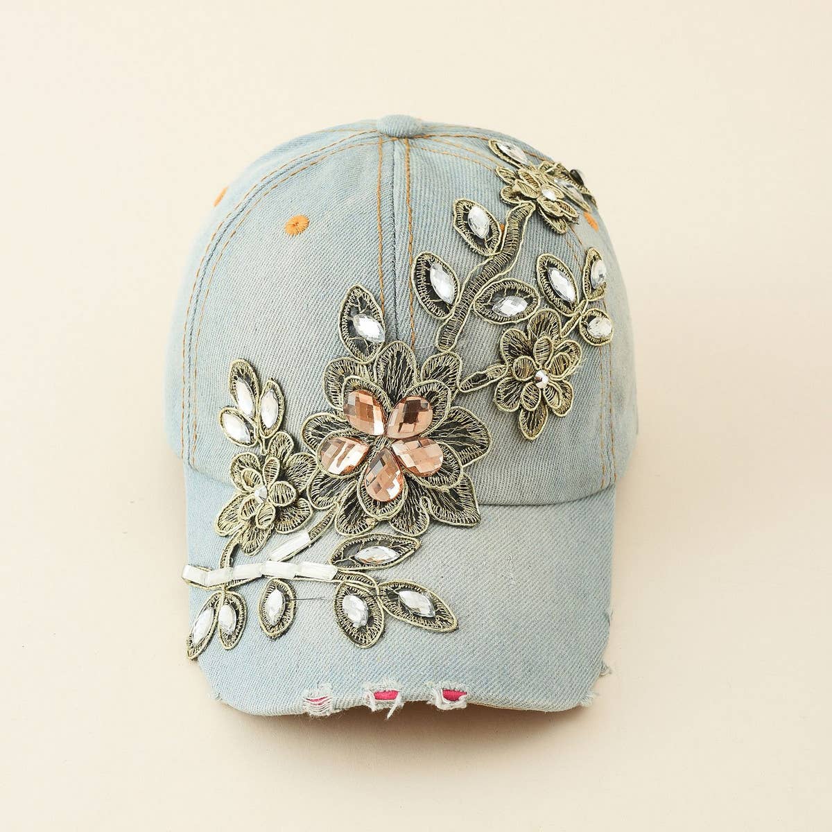 Blue Diamond-Embellished Distressed Denim Baseball Cap CWAH1390 for wholesale on Faire3