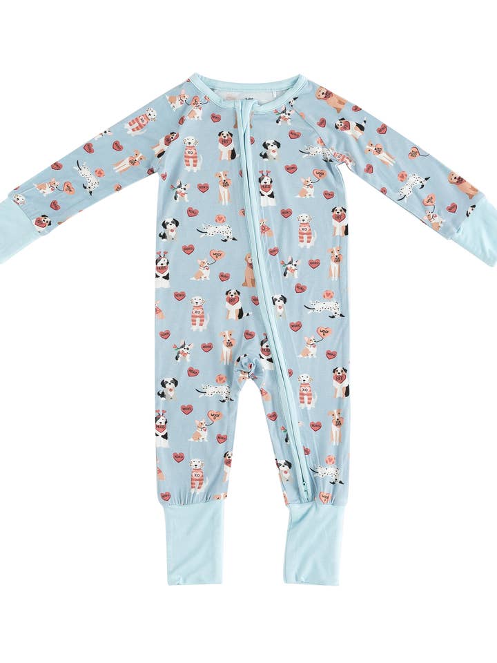 Pups & Kisses (Convertible Zip Footies) - Blue for wholesale by DreamLet