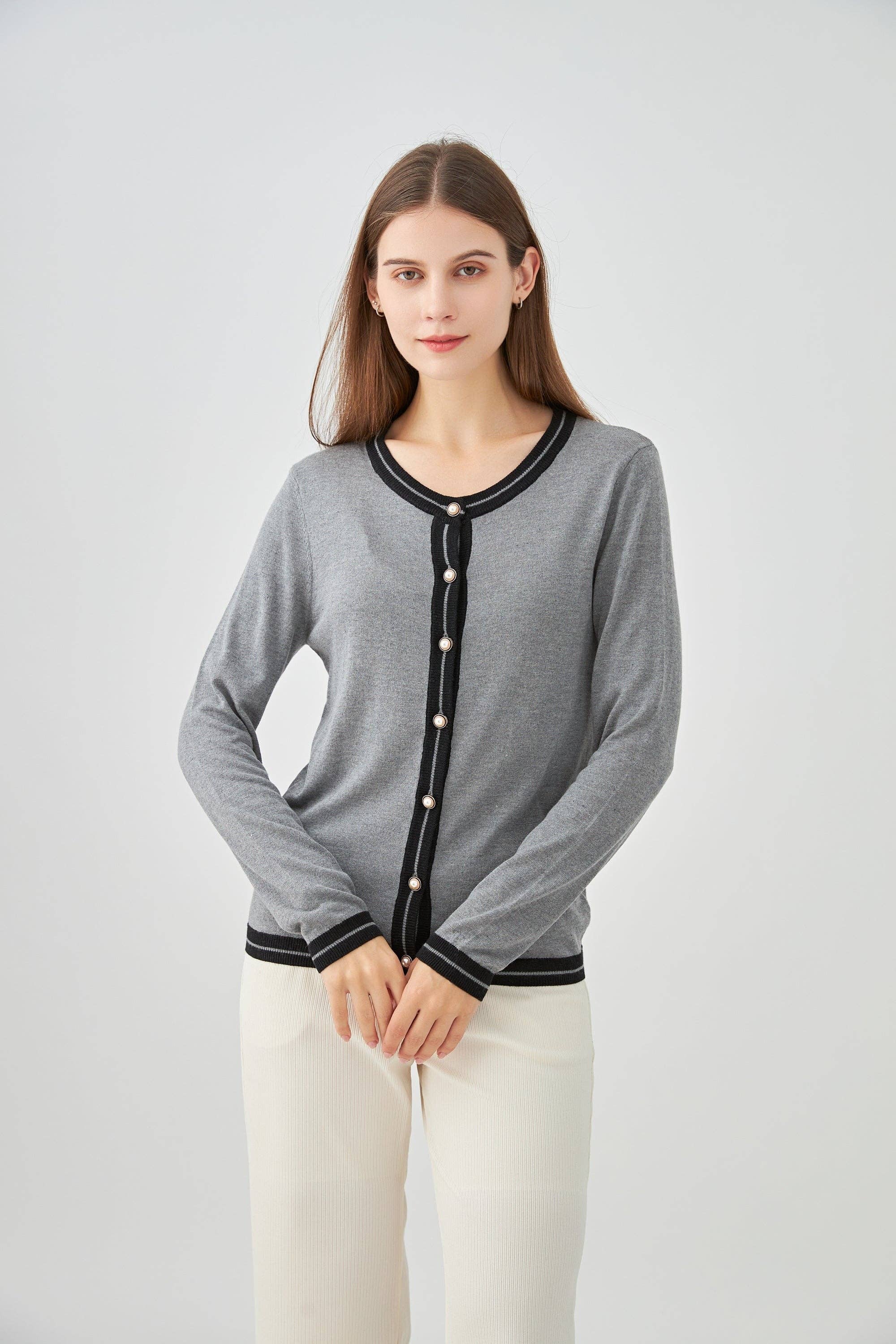 jw.atelier – wholesale Kofta - Dam – Tvåfärgad cardigan i siden och kashmir med pärlknappar2