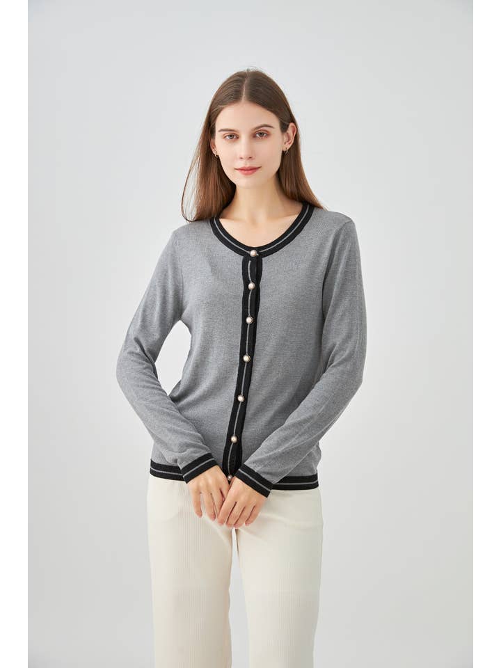 jw.atelier – wholesale Kofta - Dam – Tvåfärgad cardigan i siden och kashmir med pärlknappar2