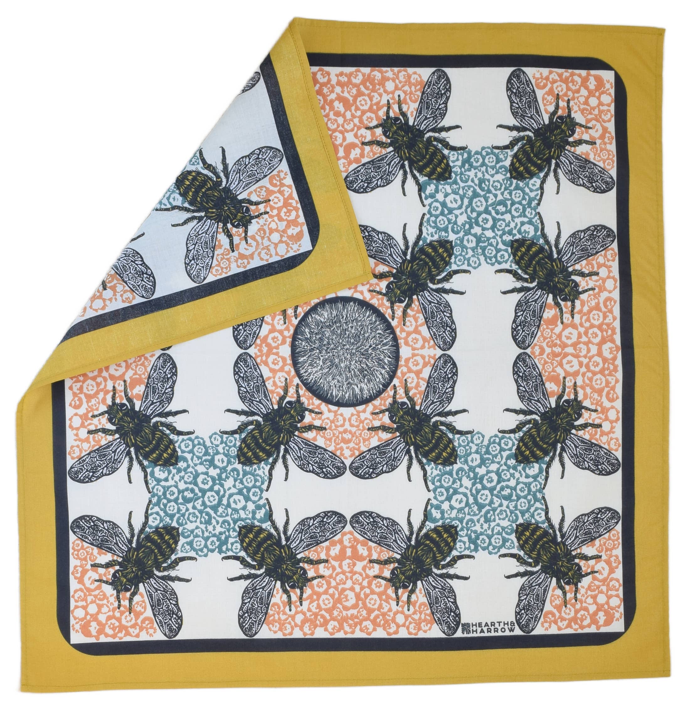Hearth and Harrow - Wholesale Bandana - Unisex - Honeybee Bandana - 100% Cotton - Yellow Teal - Hand Printed2