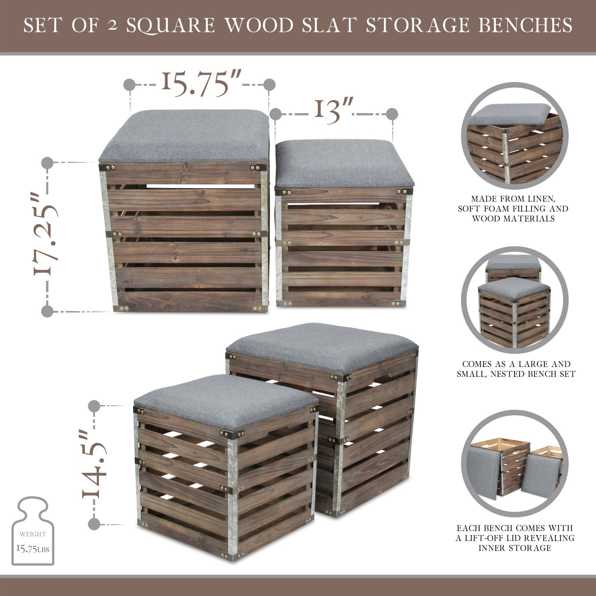 Cheungs Home Decor - Wholesale Bench - SiloSong Set of 2 Square Wood Slat Storage Bench2