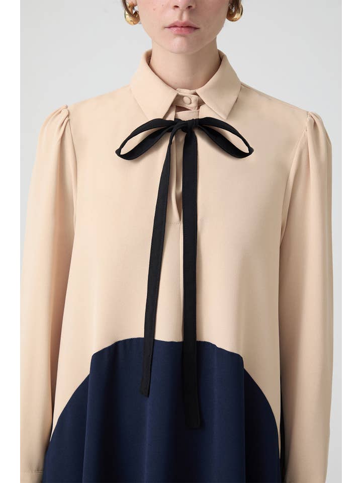 Navy Blue CREPE TIE NECK MAXI DRESS - MODEST COLORBLOCK ELEGANCE for wholesale on Faire3