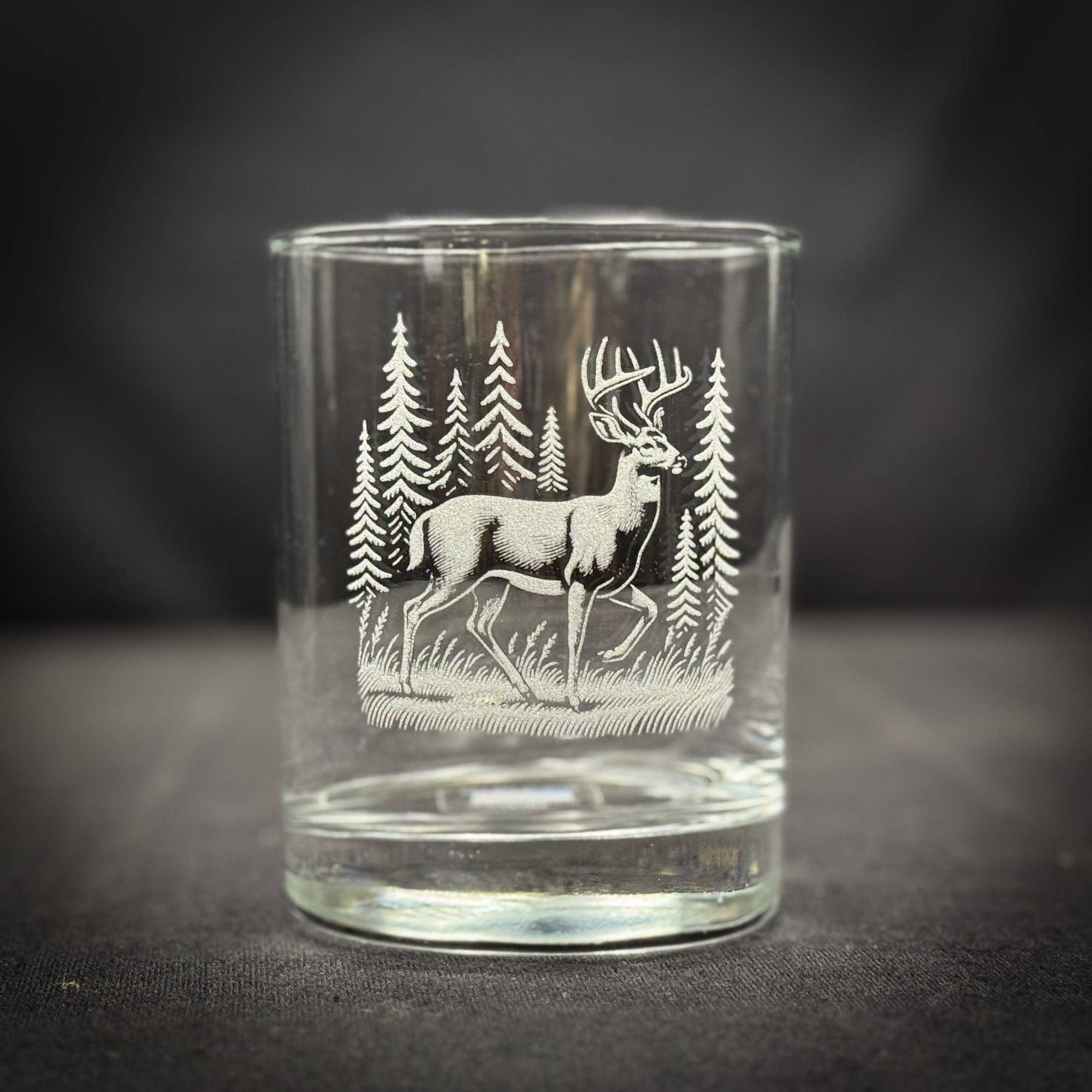 Adirondack Etching LLC - Wholesale Cocktail/Liquor Glass - Deer in a Forest 14 oz Double Old Fashioned2