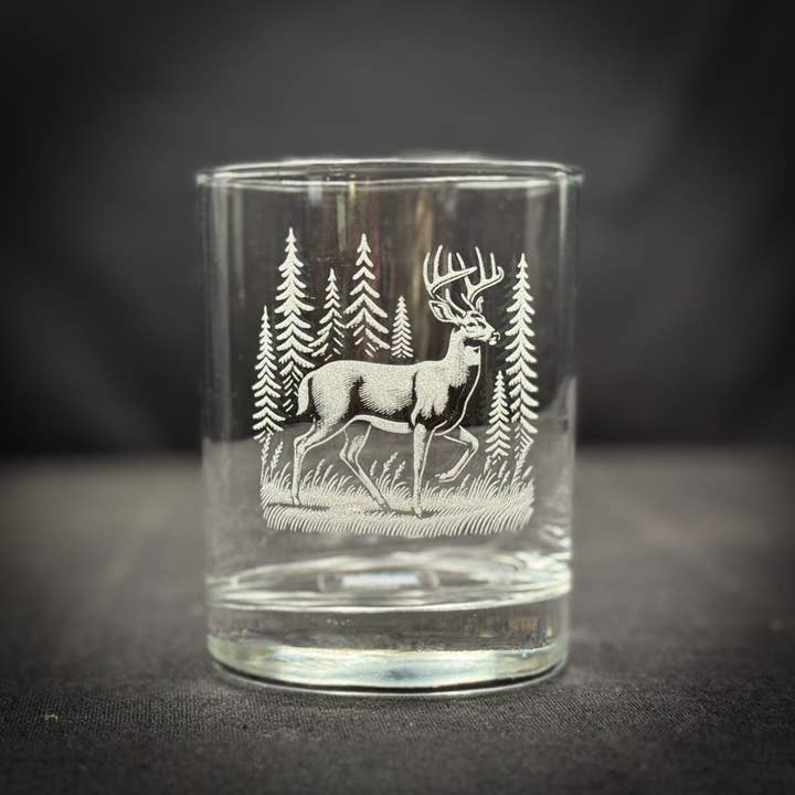 Adirondack Etching LLC - Wholesale Cocktail/Liquor Glass - Deer in a Forest 14 oz Double Old Fashioned2