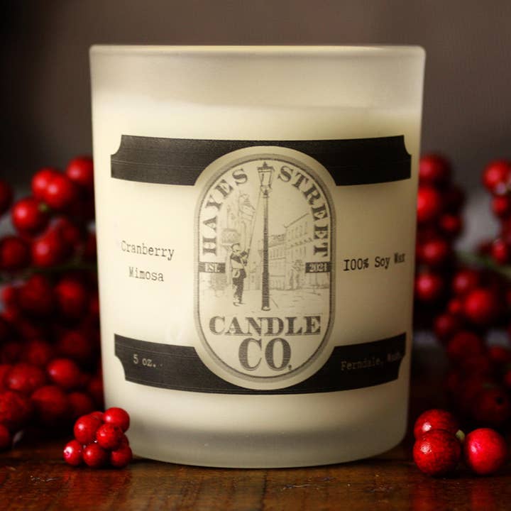 Candela in cera di soia al mirtillo rosso Mimosa Stoppino singolo 5 oz Coperchio in legno per la vendita all'ingrosso da parte di Hayes Street Candle Company