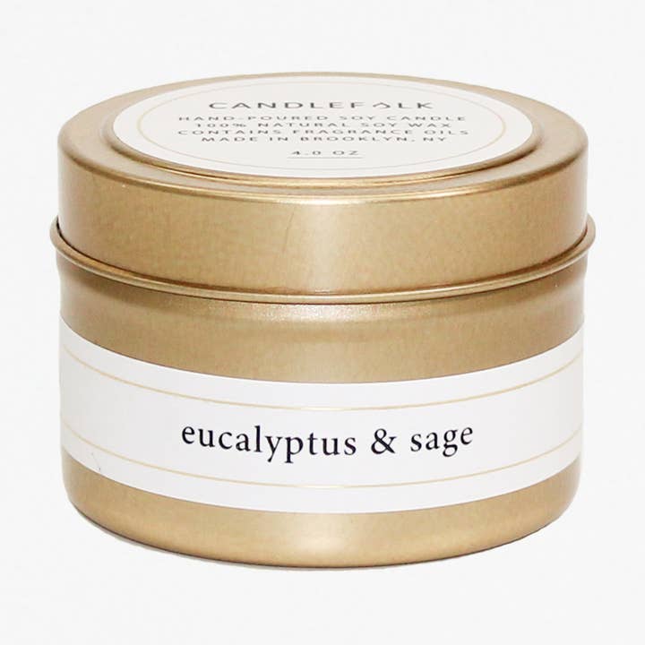 Eucalyptus & Sage - 4 oz Gold Travel Candle for wholesale by Candlefolk