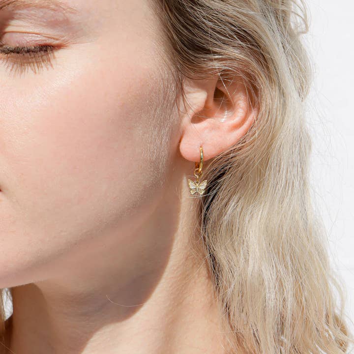 WJW - Wholesale Huggie Earrings - 18K Gold PVD Stainless Steel Butterfly Huggie Earrings