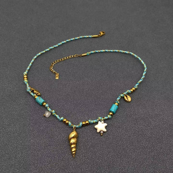 Mio Queena - Wholesale Pendant/Charm Necklace - 18K Golden SS Conch Charm Colored Rope Necklace - FGS1