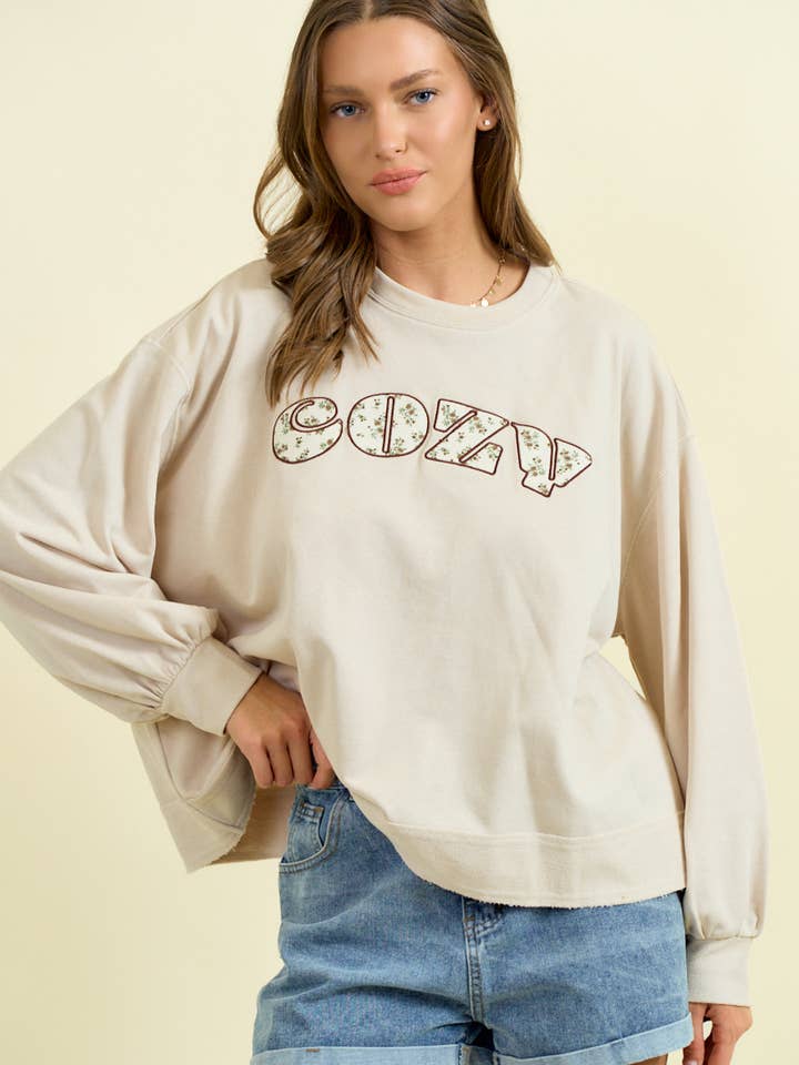 COZY' EMBROIDERED PUFF SLEEVE SWEATSHIRT - 45356T for wholesale by Doe and Rae