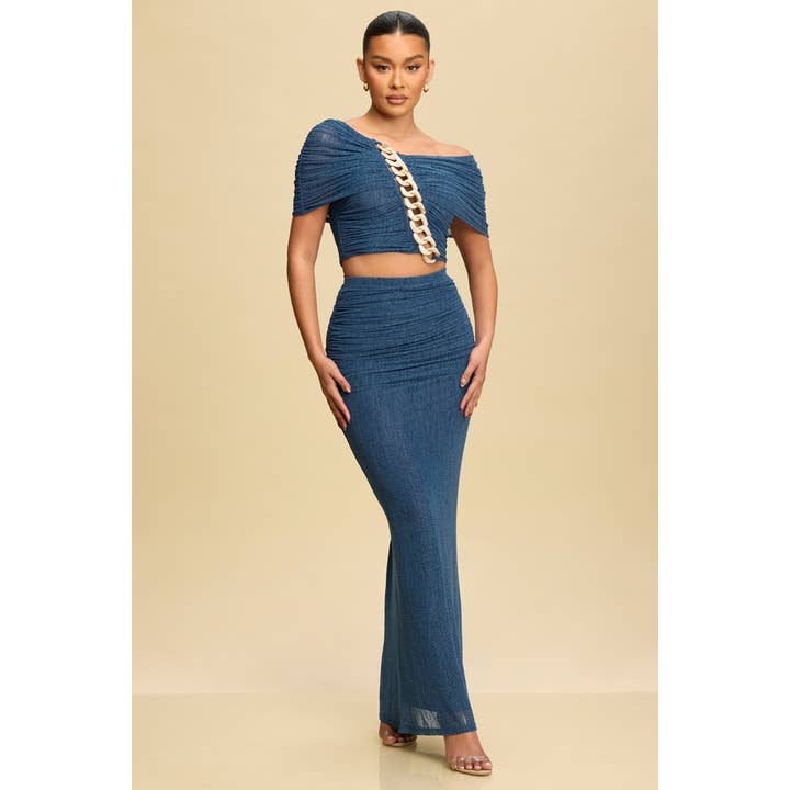 FIA CHAIN TRIM CROPPED TOP SHIRRING LONG SKIRT for wholesale by Luxxel