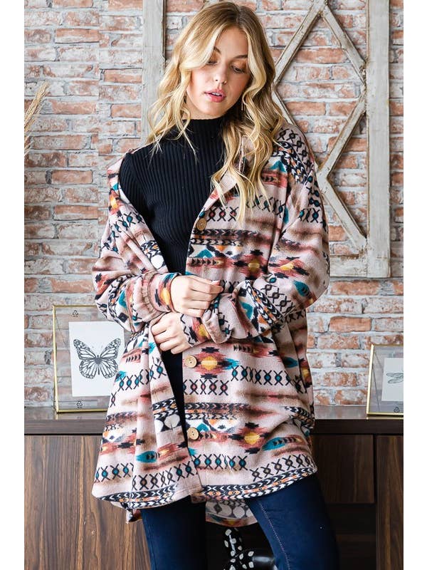 TAUPE MULTI EJ6401-23 AZTEC PRINT BUTTON DOWN CARDIGAN for wholesale on Faire