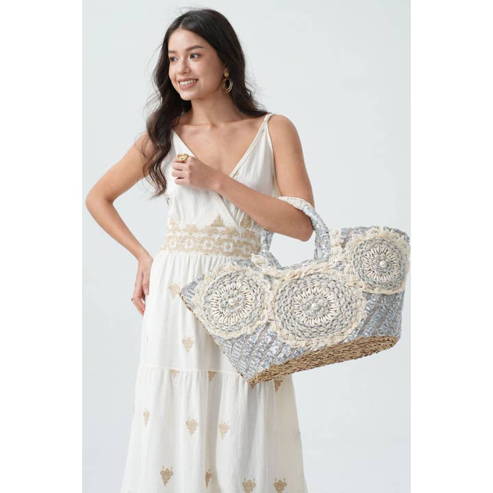 PHANIE MODE - Wholesale Beach Bag - Straw Basket with Sequins, Lace, Shells BA-153331