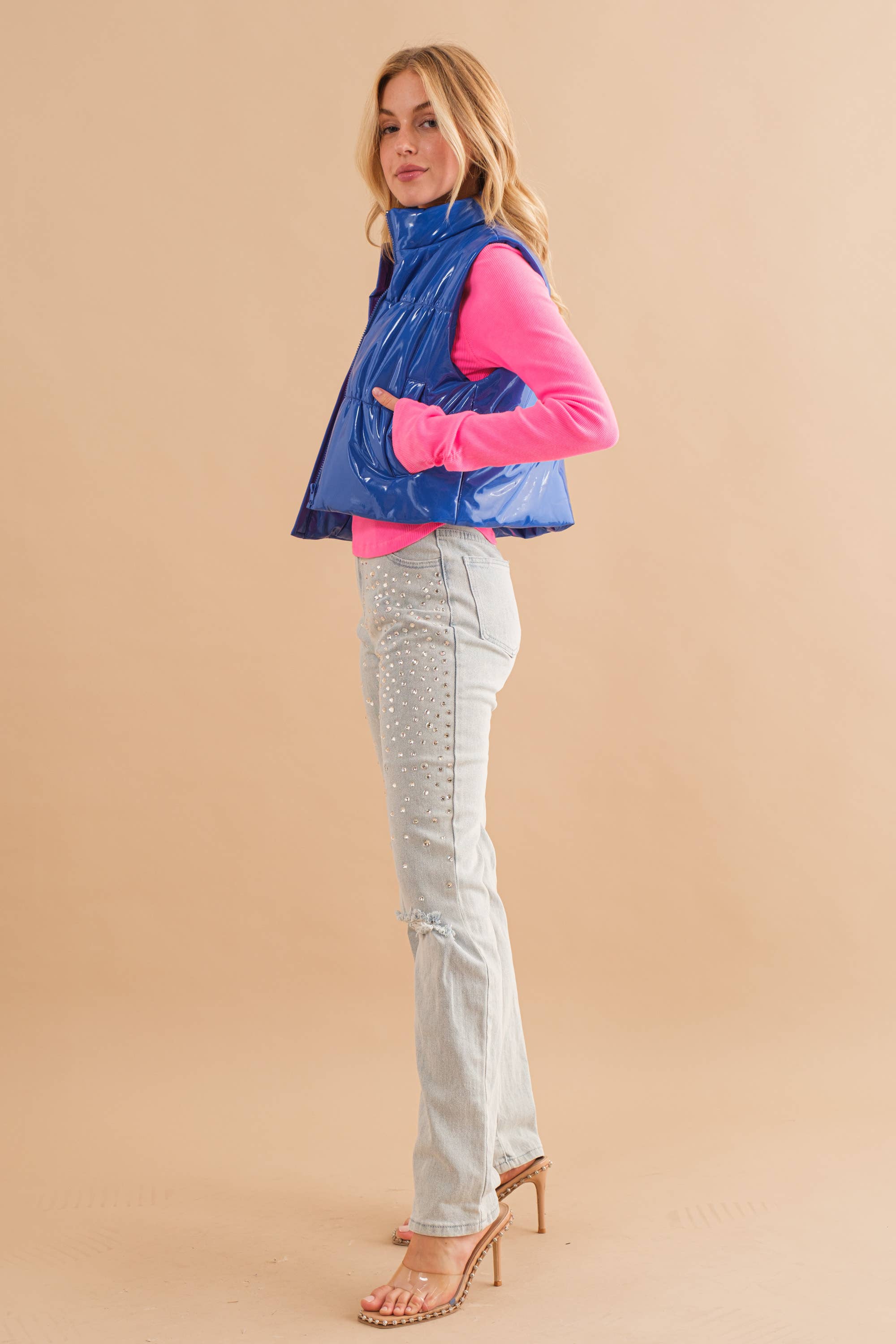 Blue B - Wholesale Outerwear Vest - Women's - 22656J - Gloss Shiny PU Quilted Puffer Zip Up Crop Vest29