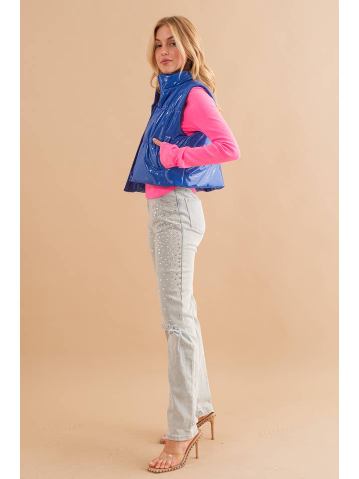 Blue B - Wholesale Outerwear Vest - Women's - 22656J - Gloss Shiny PU Quilted Puffer Zip Up Crop Vest29