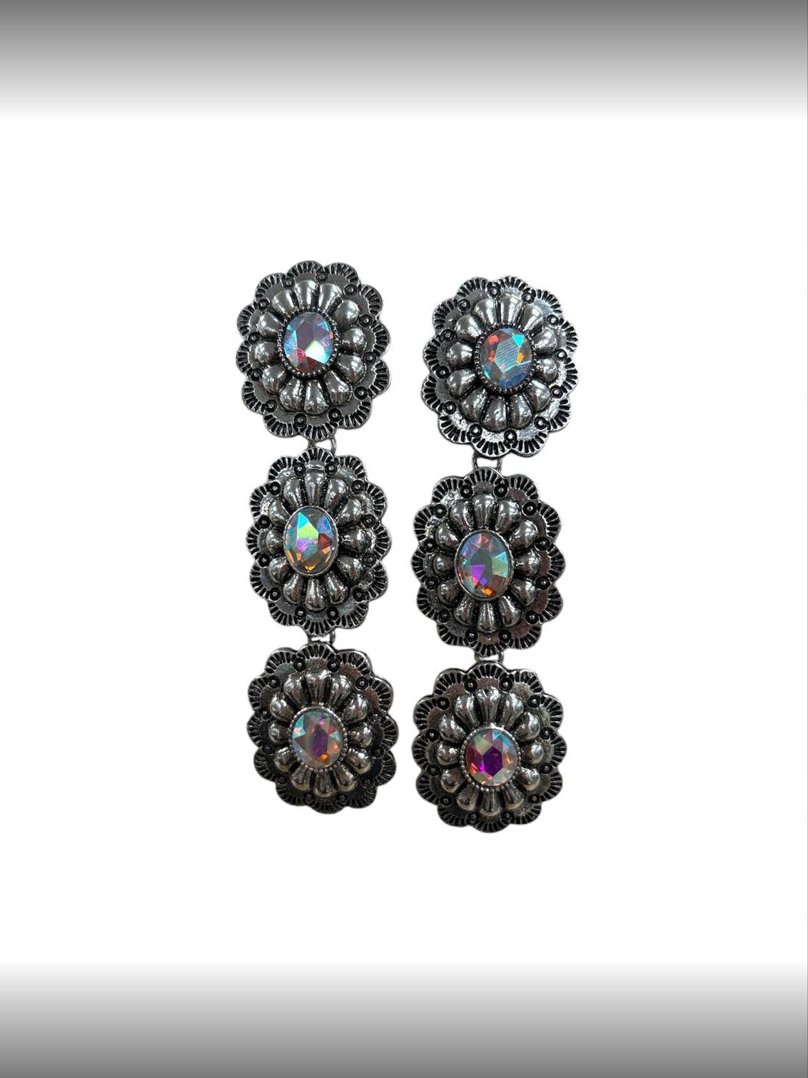 Triple Threat AB Crystal Drop Earrings, Silver for wholesale on Faire