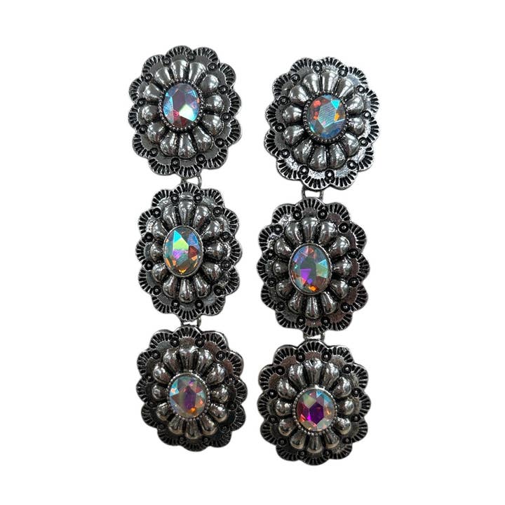 Triple Threat AB Crystal Drop Earrings, Silver for wholesale on Faire0