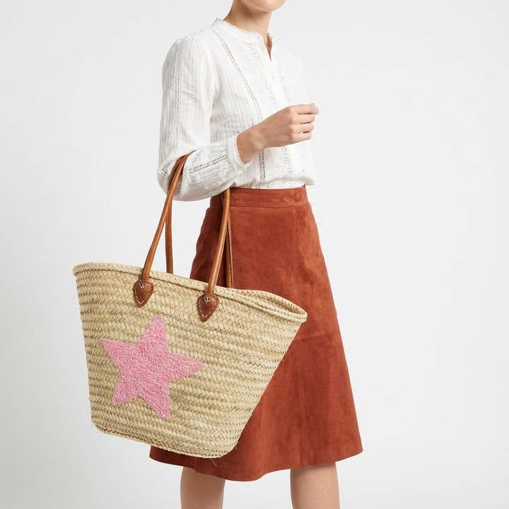 Mala de Palha com Lantejoulas em Forma de Estrela - Alça Dupla de Couro por atacado de Melecraft