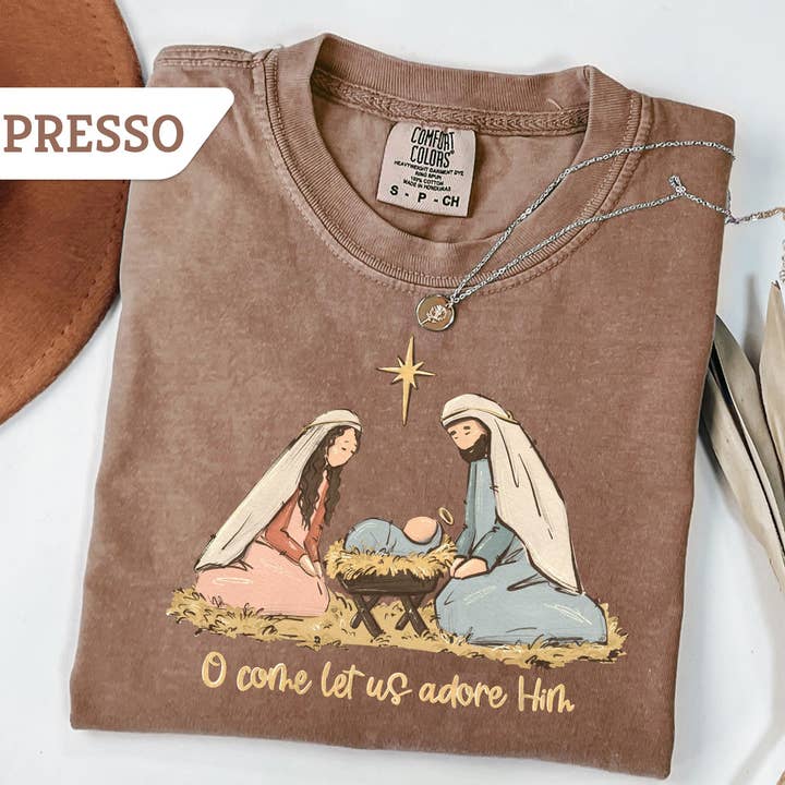 Glaime - Wholesale T-Shirt (Graphic) - Women's - Comfort Colors O Come Let Us Adore Him Shirt, Christmas Tee2