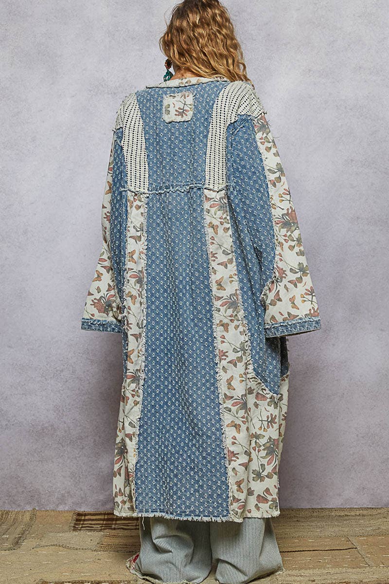 Pol Clothing - Wholesale Cardigan - Women's - Long sleeve crochet contrast denim maxi length open cardigan9