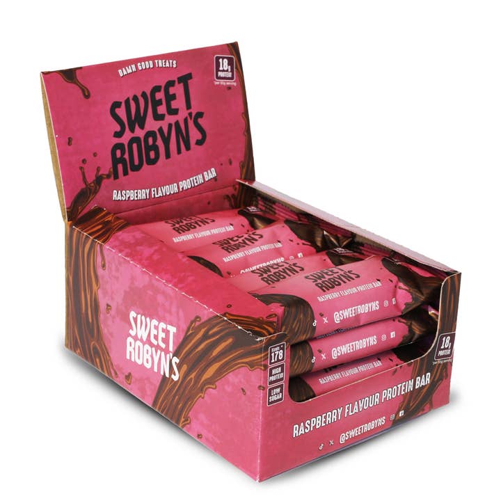 Box of Raspberry Protein Bars (12 x 55g) for wholesale by Sweet Robyn's LTD