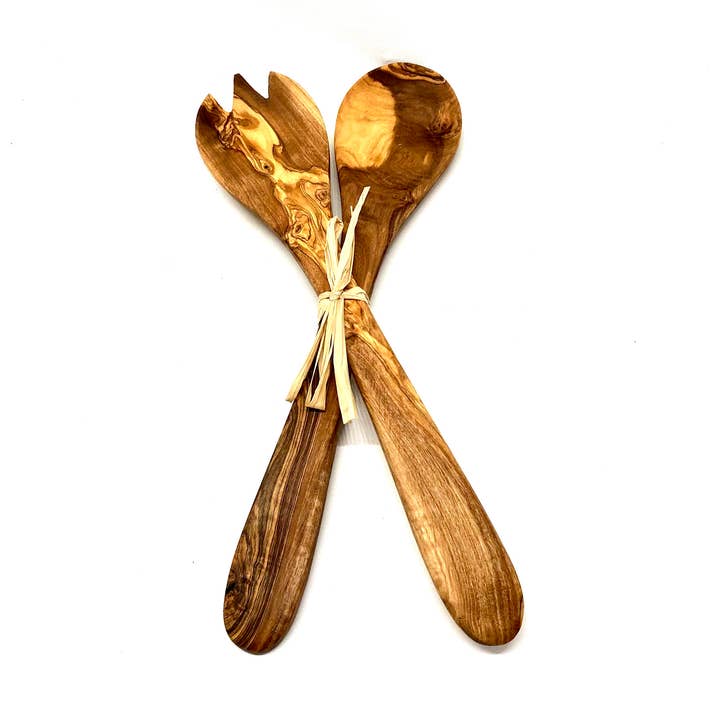 olivenholz-erleben - Wholesale Serving Utensil - Salad servers MEDIUM 30 cm Raffia Olive Wood from 100 pieces0