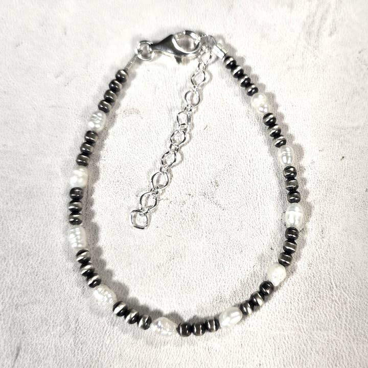 White Pearl & Desert Pearls Oxidized 3mm Bead Bracelet Sterling Silver for wholesale by Select Lines