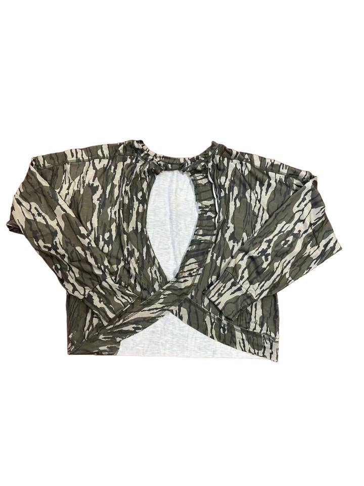 Bottomland Camo wrapped cutout back long sleeve top for wholesale by Rosa Clothing