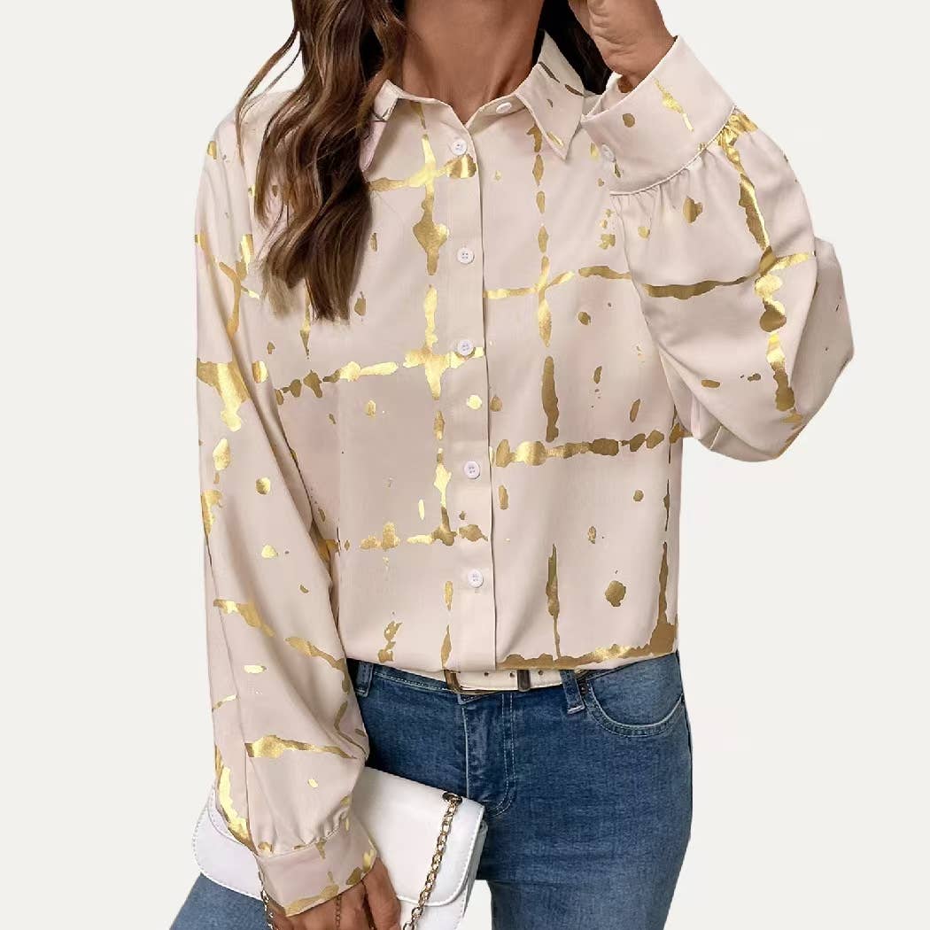Light Khaki Metallic Gold Pattern Collared Butto-Up  Shirt for wholesale on Faire0
