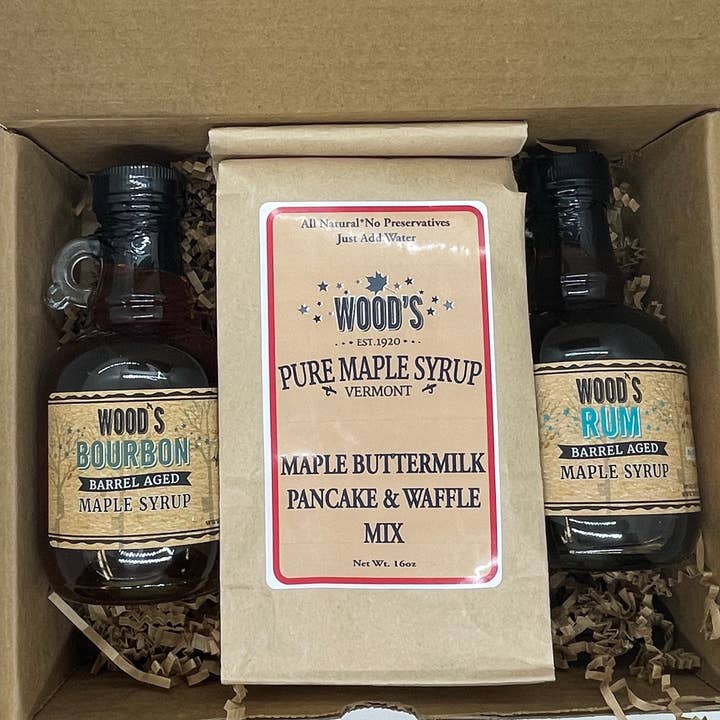 Bourbon Rum Pancake Box for wholesale by Wood's Syrup