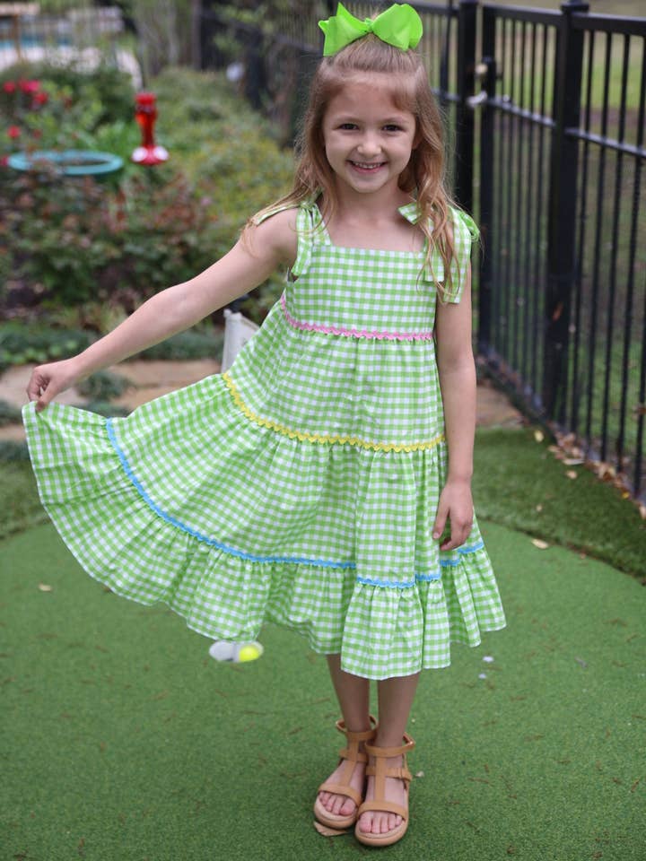 Posh Pickle - Wholesale Dress - Kids - Fore! Girls' Tie Shoulder Gingham Tiered Dress