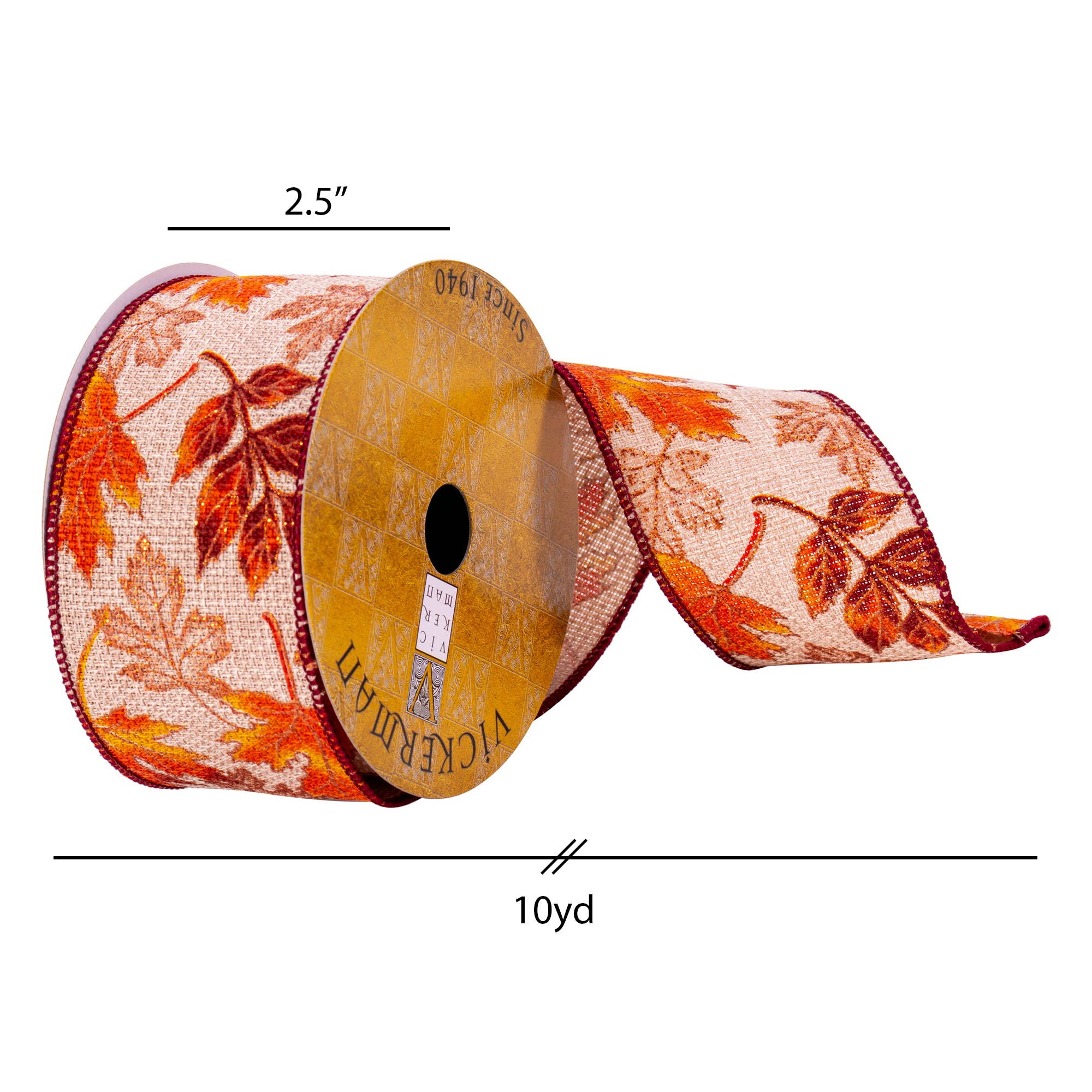 Vickerman 2.5" x 10 Yards Jute Fall Leaves Ribbon for wholesale on Faire2