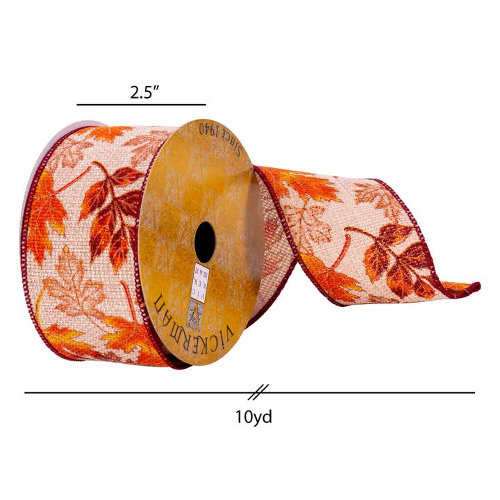 Vickerman 2.5" x 10 Yards Jute Fall Leaves Ribbon for wholesale on Faire2