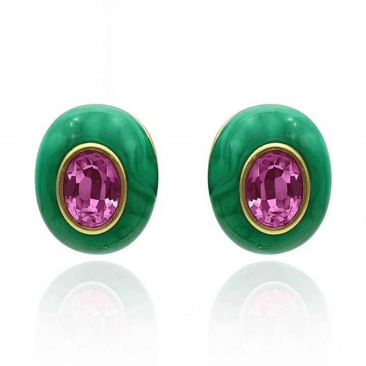 Stephanie Malachite Resin Clip Earring With Pink Glass Stone for wholesale by Michael Nash Jewelry